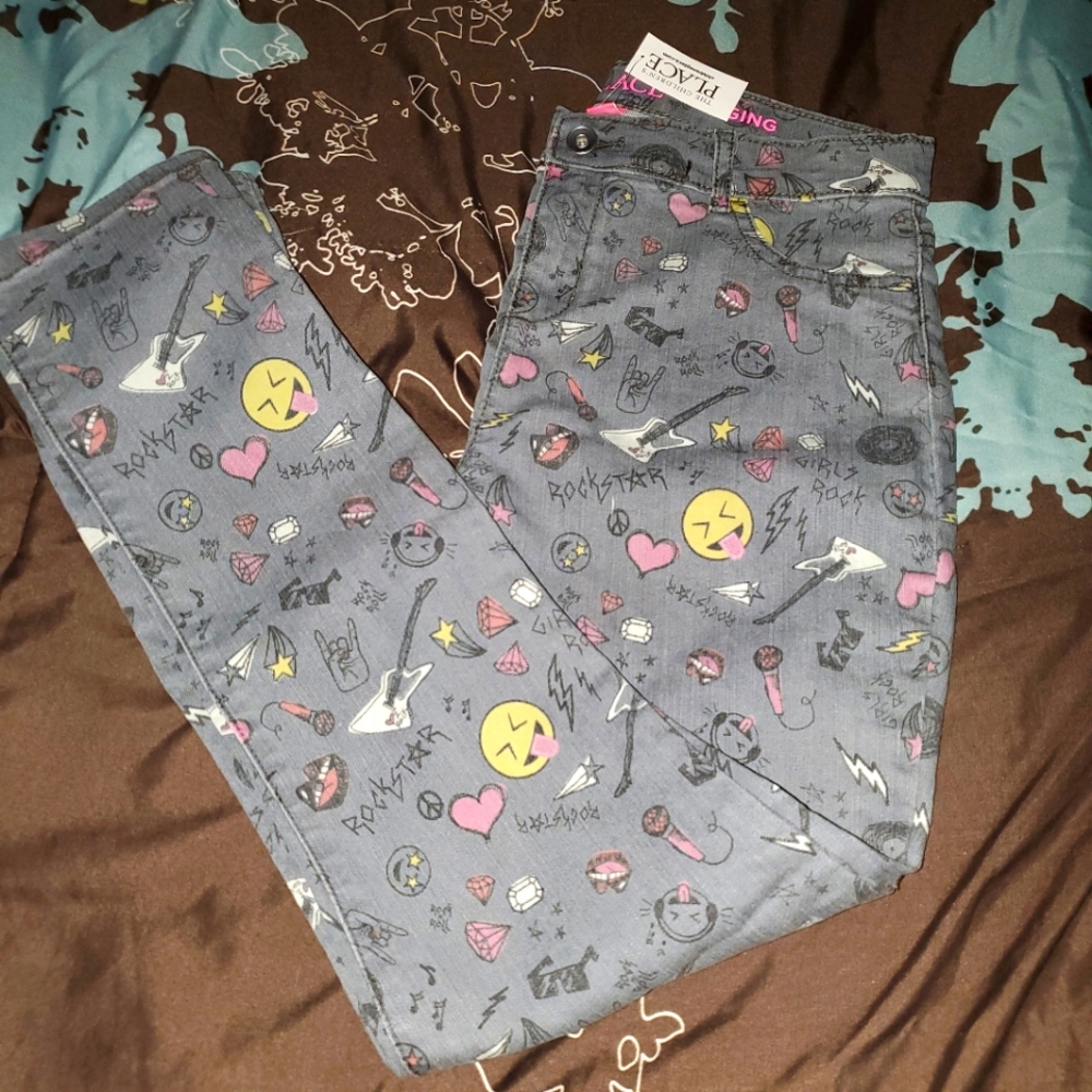 Girls Emoji Print Skinny Jeans